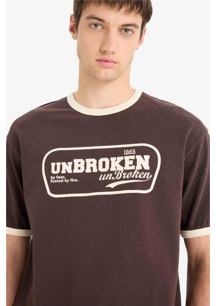 %100 Pamuk Boxy Fit Bisiklet Yaka Baskılı Kısa Kollu Tişört F4446AX25SM