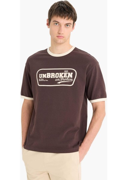 %100 Pamuk Boxy Fit Bisiklet Yaka Baskılı Kısa Kollu Tişört F4446AX25SM