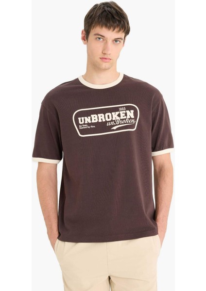 %100 Pamuk Boxy Fit Bisiklet Yaka Baskılı Kısa Kollu Tişört F4446AX25SM