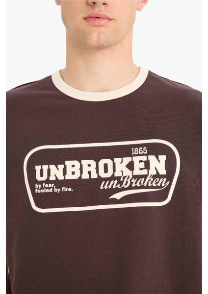 %100 Pamuk Boxy Fit Bisiklet Yaka Baskılı Kısa Kollu Tişört F4446AX25SM