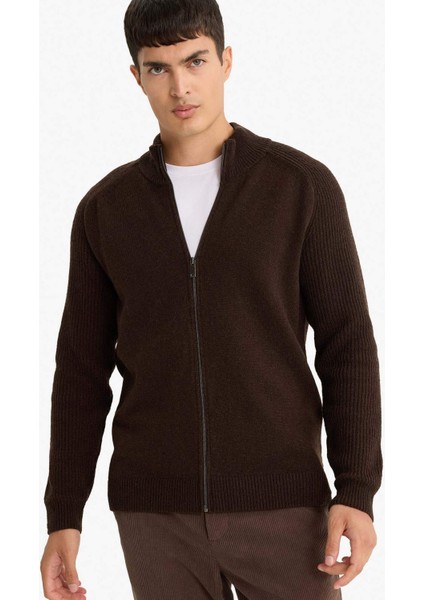 Standart Fit Dik Yaka Fermuarlı Yün Karışımlı Triko Hırka F2983AX25WN