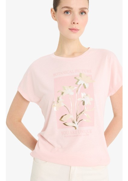 Bisiklet Yaka Çiçekli Kısa Kollu Tişört F5099AX25SM