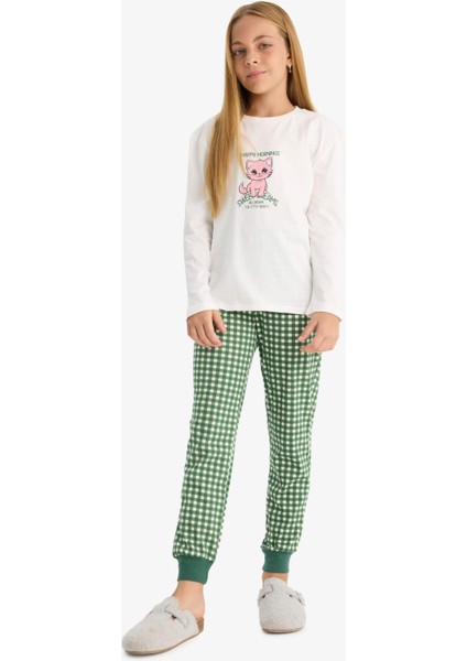 Kız Çocuk Pijama Takımı Baskılı Uzun Kollu Üst Kareli Uzun Alt F1083A825AU
