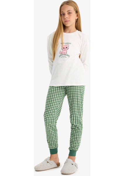 Kız Çocuk Pijama Takımı Baskılı Uzun Kollu Üst Kareli Uzun Alt F1083A825AU