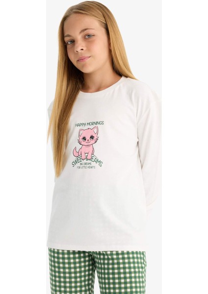 Kız Çocuk Pijama Takımı Baskılı Uzun Kollu Üst Kareli Uzun Alt F1083A825AU