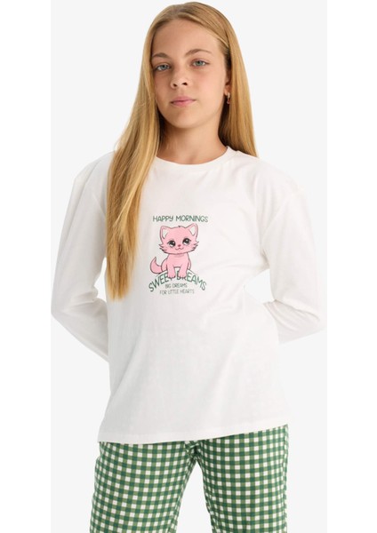 Kız Çocuk Pijama Takımı Baskılı Uzun Kollu Üst Kareli Uzun Alt F1083A825AU