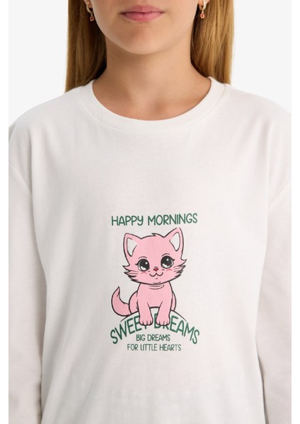 Kız Çocuk Pijama Takımı Baskılı Uzun Kollu Üst Kareli Uzun Alt F1083A825AU