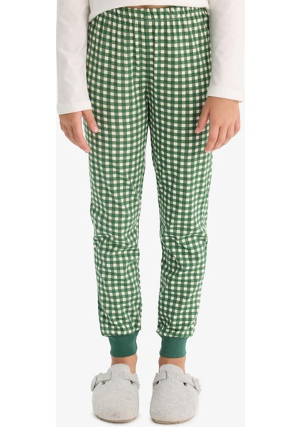 Kız Çocuk Pijama Takımı Baskılı Uzun Kollu Üst Kareli Uzun Alt F1083A825AU