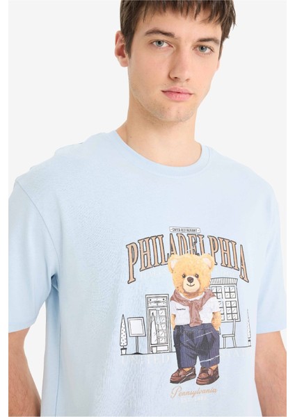 %100 Pamuk Boxy Fit Bisiklet Yaka Baskılı Kısa Kollu Tişört F4285AX25SM