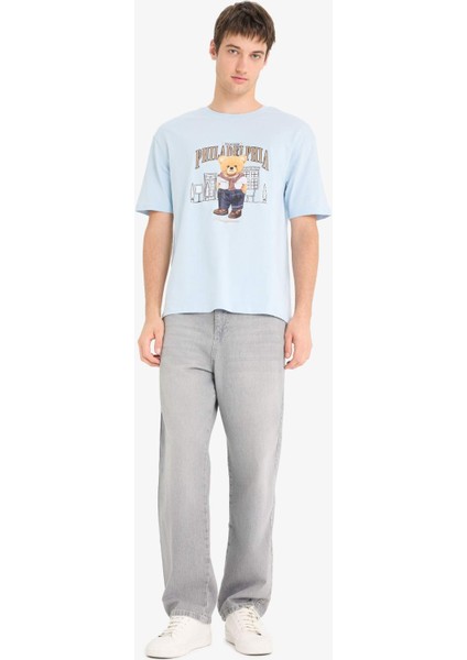 %100 Pamuk Boxy Fit Bisiklet Yaka Baskılı Kısa Kollu Tişört F4285AX25SM