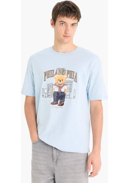 %100 Pamuk Boxy Fit Bisiklet Yaka Baskılı Kısa Kollu Tişört F4285AX25SM