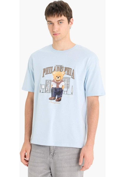 %100 Pamuk Boxy Fit Bisiklet Yaka Baskılı Kısa Kollu Tişört F4285AX25SM