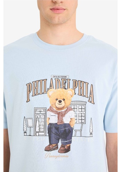 %100 Pamuk Boxy Fit Bisiklet Yaka Baskılı Kısa Kollu Tişört F4285AX25SM