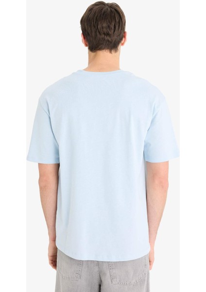 %100 Pamuk Boxy Fit Bisiklet Yaka Baskılı Kısa Kollu Tişört F4285AX25SM