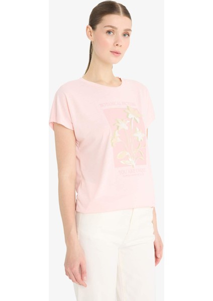 Bisiklet Yaka Çiçekli Kısa Kollu Tişört F5099AX25SM