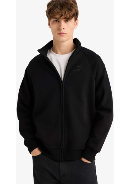 Boxy Fit Dik Yaka Baskılı İçi Yumuşak Tüylü Cepli Fermuarlı Sweatshirt E1367AX25AU