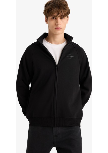 Boxy Fit Dik Yaka Baskılı İçi Yumuşak Tüylü Cepli Fermuarlı Sweatshirt E1367AX25AU