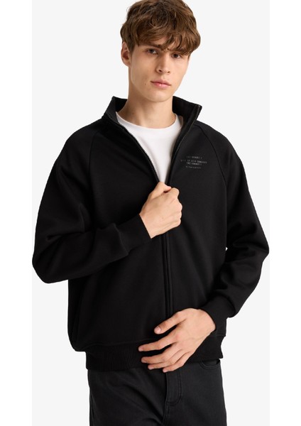 Boxy Fit Dik Yaka Baskılı İçi Yumuşak Tüylü Cepli Fermuarlı Sweatshirt E1367AX25AU