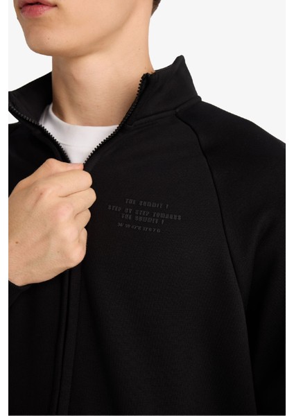 Boxy Fit Dik Yaka Baskılı İçi Yumuşak Tüylü Cepli Fermuarlı Sweatshirt E1367AX25AU