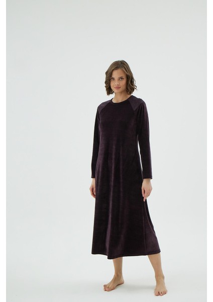 Kadın Uzun Kollu Dantel Detaylı Kadife Mürdüm Gecelik Elbise C1T6N171