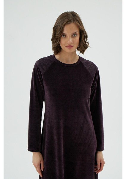 Kadın Uzun Kollu Dantel Detaylı Kadife Mürdüm Gecelik Elbise C1T6N171 fiyatları