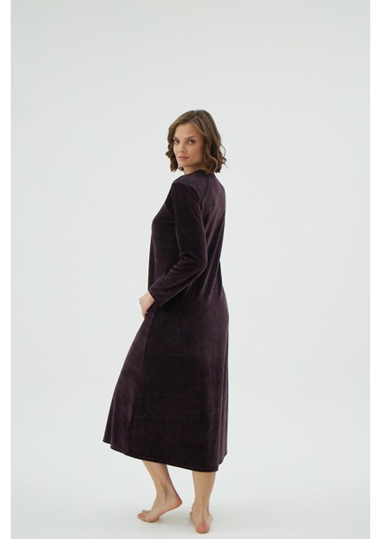 Kadın Uzun Kollu Dantel Detaylı Kadife Mürdüm Gecelik Elbise C1T6N171 fırsatları