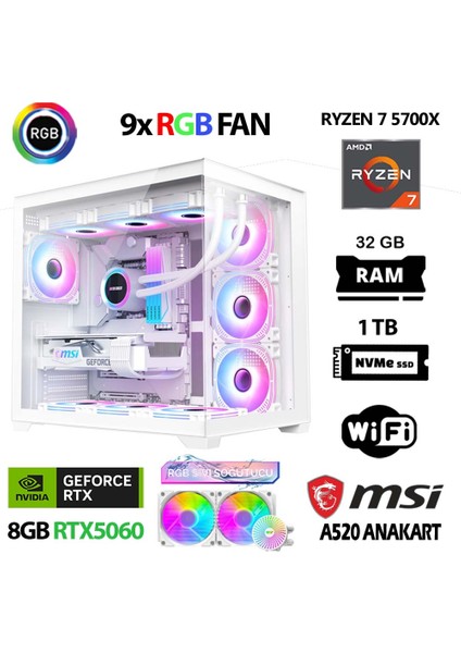 Axe X32 White Pro Ryzen 7 5700X 32GB Ram 1tb M.2 Nvme SSD 8gb RTX5060 Sıvı Soğutmalı Hazır Sistem Oyuncu Bilgisayarı