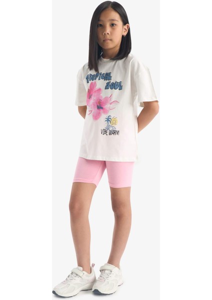 Kız Çocuk 2'li Takım Baskılı Kısa Kollu Tişört Biker Tayt E4757A825SM