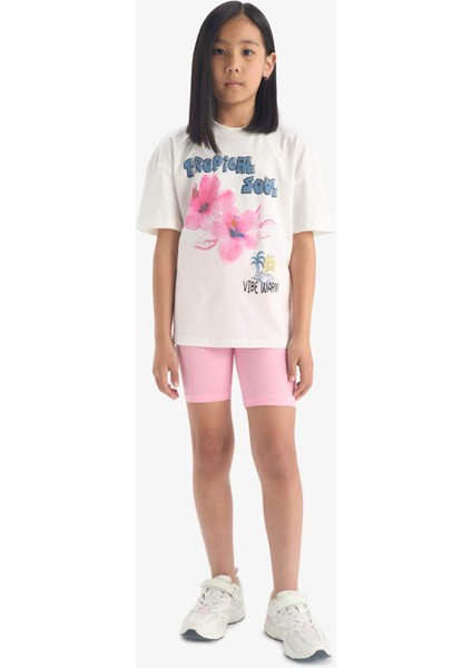 Kız Çocuk 2'li Takım Baskılı Kısa Kollu Tişört Biker Tayt E4757A825SM