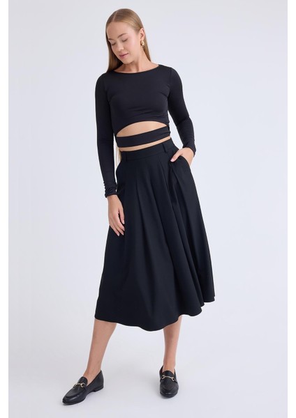 Pileli Midi Boy Cepli Etek