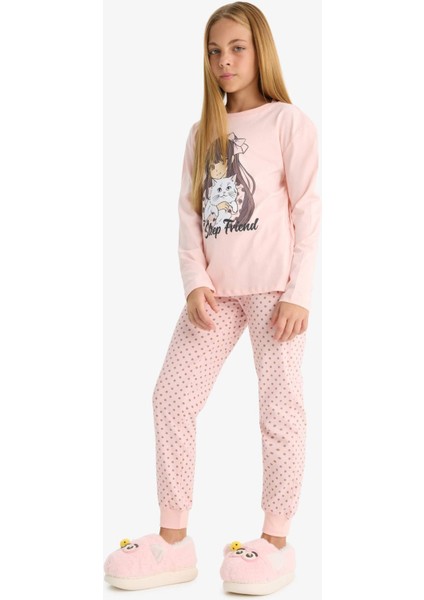 Kız Çocuk Pijama Takımı Baskılı Uzun Kollu Üst Desenli Uzun Alt F6169A825AU