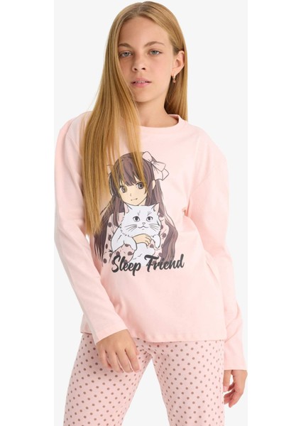 Kız Çocuk Pijama Takımı Baskılı Uzun Kollu Üst Desenli Uzun Alt F6169A825AU