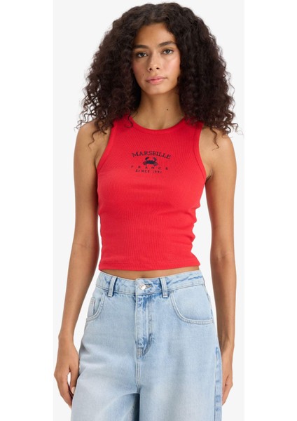 Slim Fit Dar Kesim Baskılı Halter Yaka Fitilli Kaşkorse Atlet F6238AX25HS