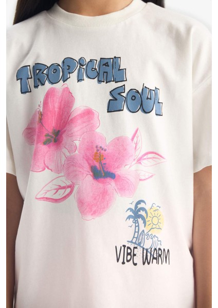 Kız Çocuk 2'li Takım Baskılı Kısa Kollu Tişört Biker Tayt E4757A825SM