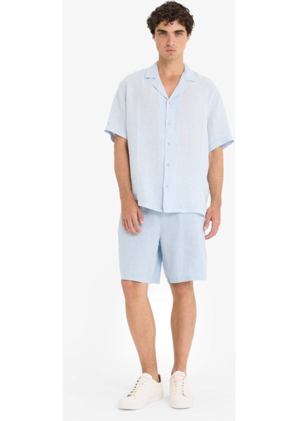 %100 Keten Relax Fit Apaş Yaka Kısa Kollu Gömlek F4597AX25HS