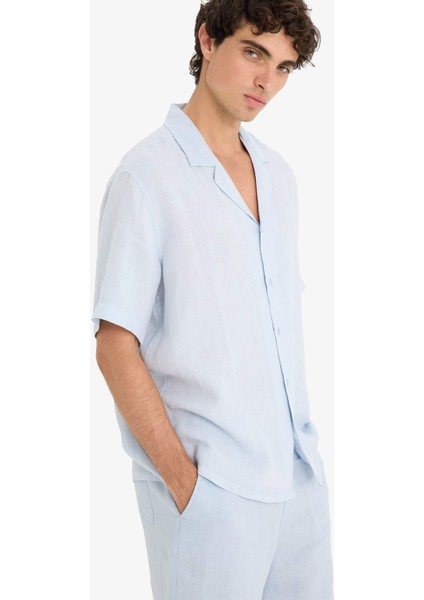 %100 Keten Relax Fit Apaş Yaka Kısa Kollu Gömlek F4597AX25HS