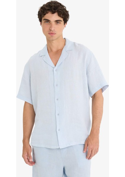 %100 Keten Relax Fit Apaş Yaka Kısa Kollu Gömlek F4597AX25HS
