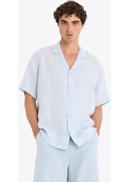 %100 Keten Relax Fit Apaş Yaka Kısa Kollu Gömlek F4597AX25HS