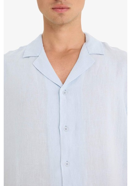 %100 Keten Relax Fit Apaş Yaka Kısa Kollu Gömlek F4597AX25HS