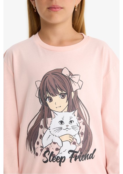 Kız Çocuk Pijama Takımı Baskılı Uzun Kollu Üst Desenli Uzun Alt F6169A825AU