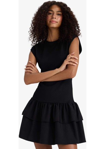 Bisiklet Yaka Kısa Kollu Mini Elbise F6116AX25SM