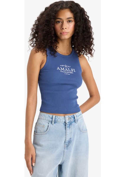 Slim Fit Dar Kesim Baskılı Halter Yaka Fitilli Kaşkorse Atlet F6239AX25HS
