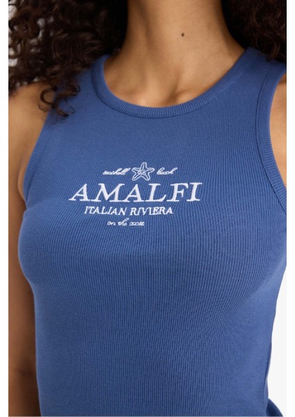 Slim Fit Dar Kesim Baskılı Halter Yaka Fitilli Kaşkorse Atlet F6239AX25HS