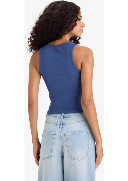 Slim Fit Dar Kesim Baskılı Halter Yaka Fitilli Kaşkorse Atlet F6239AX25HS