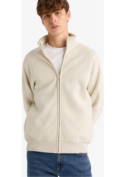 Boxy Fit Dik Yaka Baskılı İçi Yumuşak Tüylü Cepli Fermuarlı Sweatshirt E1367AX25AU