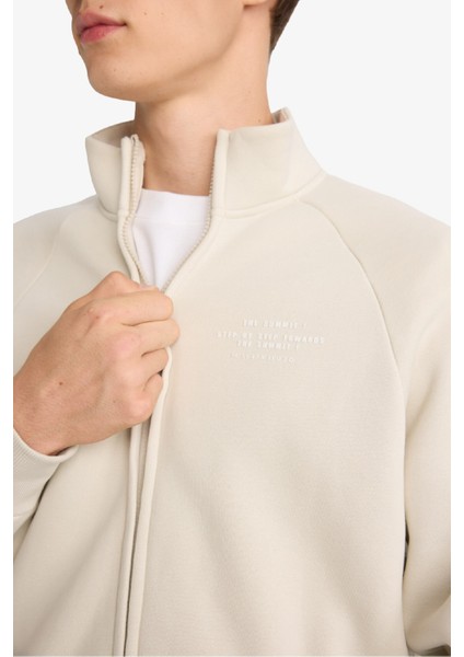 Boxy Fit Dik Yaka Baskılı İçi Yumuşak Tüylü Cepli Fermuarlı Sweatshirt E1367AX25AU