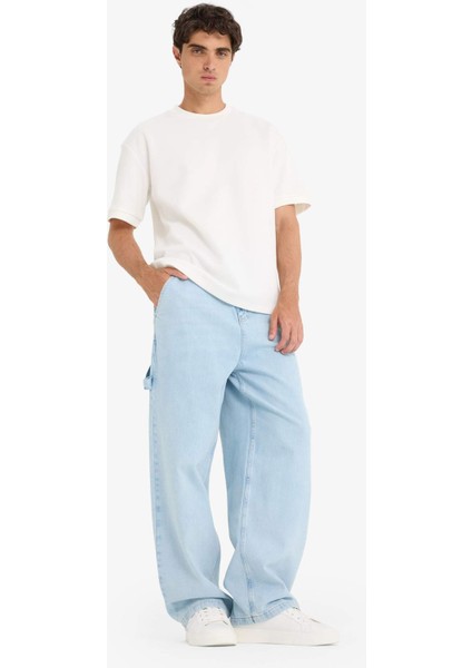 %100 Pamuk Skater Fit Geniş Paça Jean Yıkamalı Pantolon F5668AX25AU