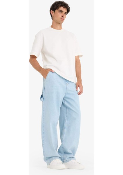 %100 Pamuk Skater Fit Geniş Paça Jean Yıkamalı Pantolon F5668AX25AU