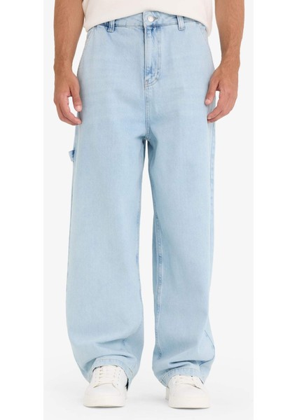 %100 Pamuk Skater Fit Geniş Paça Jean Yıkamalı Pantolon F5668AX25AU