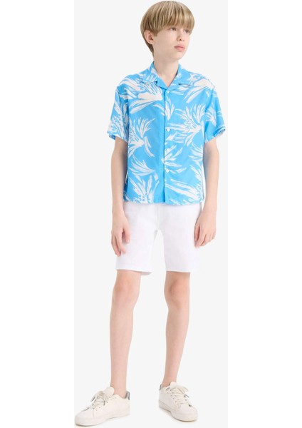 Erkek Çocuk Oversize Geniş Kalıp Polo Yaka Desenli Viskon Kısa Kollu Gömlek F5675A825HS